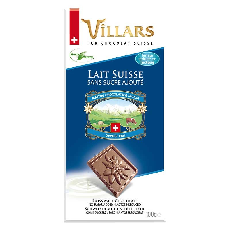 Tablette de chocolat au lait sans sucre ajouté à teneur réduite en lactose,  100g