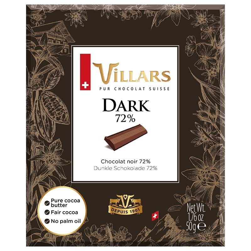 Tablette individuelle 50 g de Chocolat Noir 72 % Pure Dark - Villars